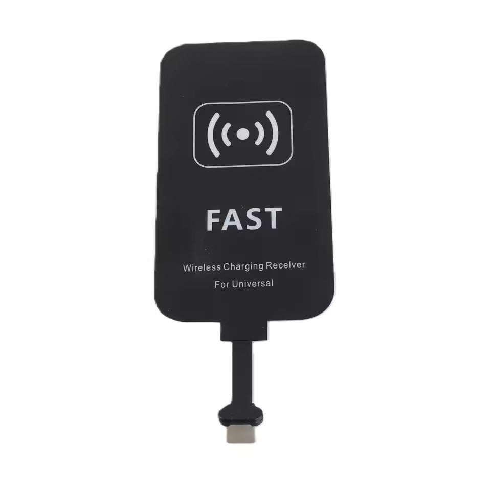 Black rectangular wireless charging receiver pad with wireless symbol and short lead ending in a USB-C-style plug