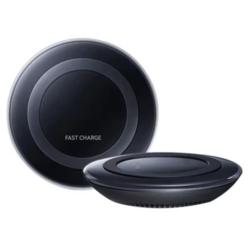 Black round wireless charging pad shown from top and side with concentric rings and FAST CHARGE printing