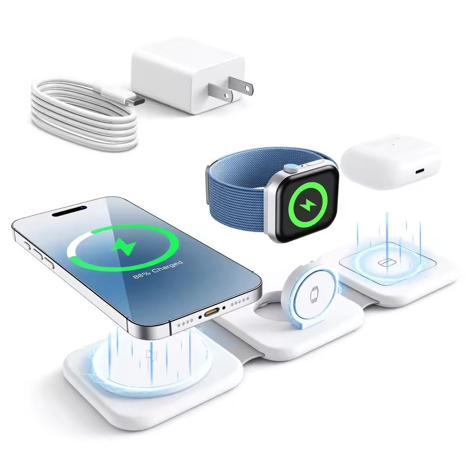 White foldable charging station shown with phone, watch and earbuds case for illustration plus pictured cable and wall adapter