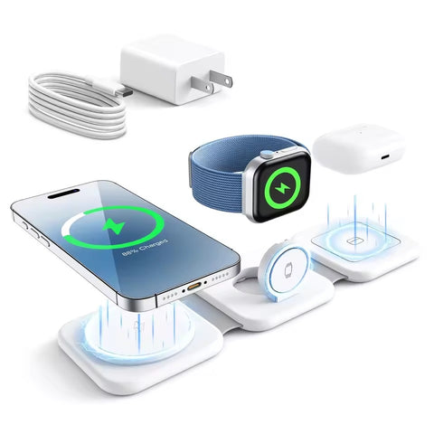 White foldable charging station shown with phone, watch and earbuds case for illustration plus pictured cable and wall adapter